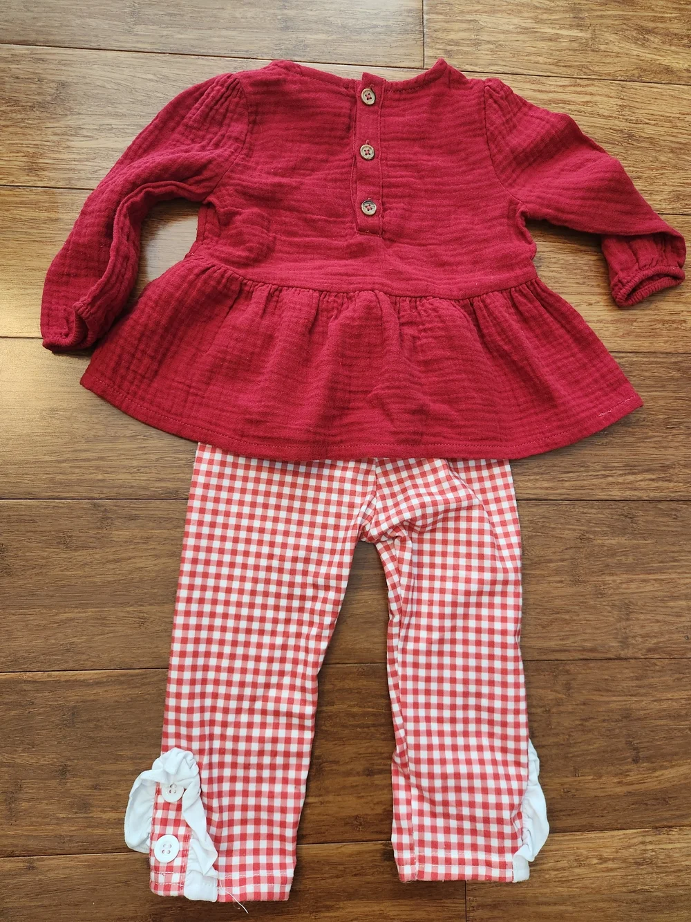 Girl's Red Long Sleeve Peplum Top & Gingham Leggings Pants Set, 6-9 Months